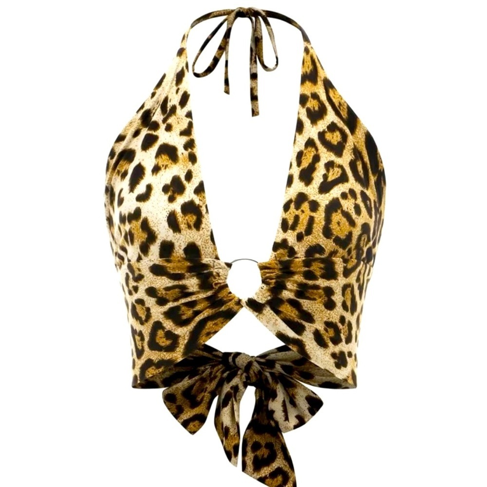 CHEETAH PRINT PLUGE HALTER TOP TOE DEEP V NECK BACKLESS CROP TOP